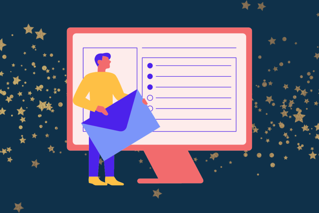 A person holding an envelope and standing in front of an email inbox.