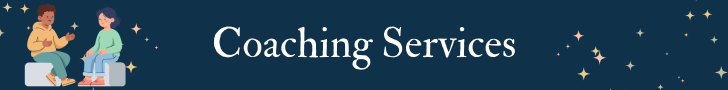 A banner that is dark blue with pale gray text that reads "Coaching Services." To the left, two people are sitting on gray chairs and having a conversation.