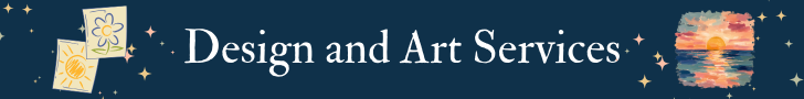 A dark blue banner with stars. The text reads "Design and Art Services." The text is flanked by a childlike drawing of sun and flowers to the left and a sunset painting on the right.