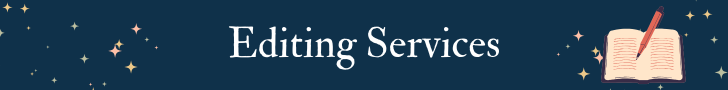 A banner that is dark blue with stars that reads "Editing Services". To the right is an open book being written into with a reddish pen.
